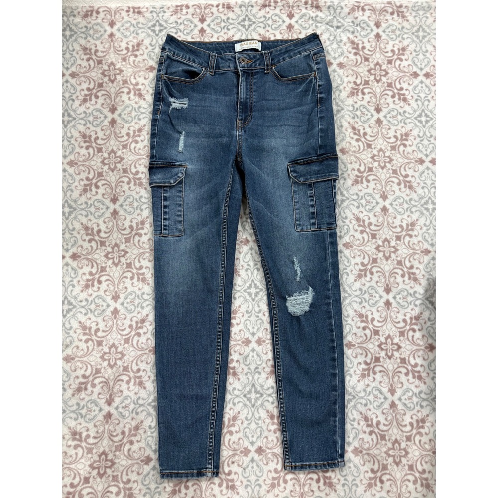 Wax Jean Sustainable Denim Dark Wash Distressed Cargo Skinny Jeans Size 7/28